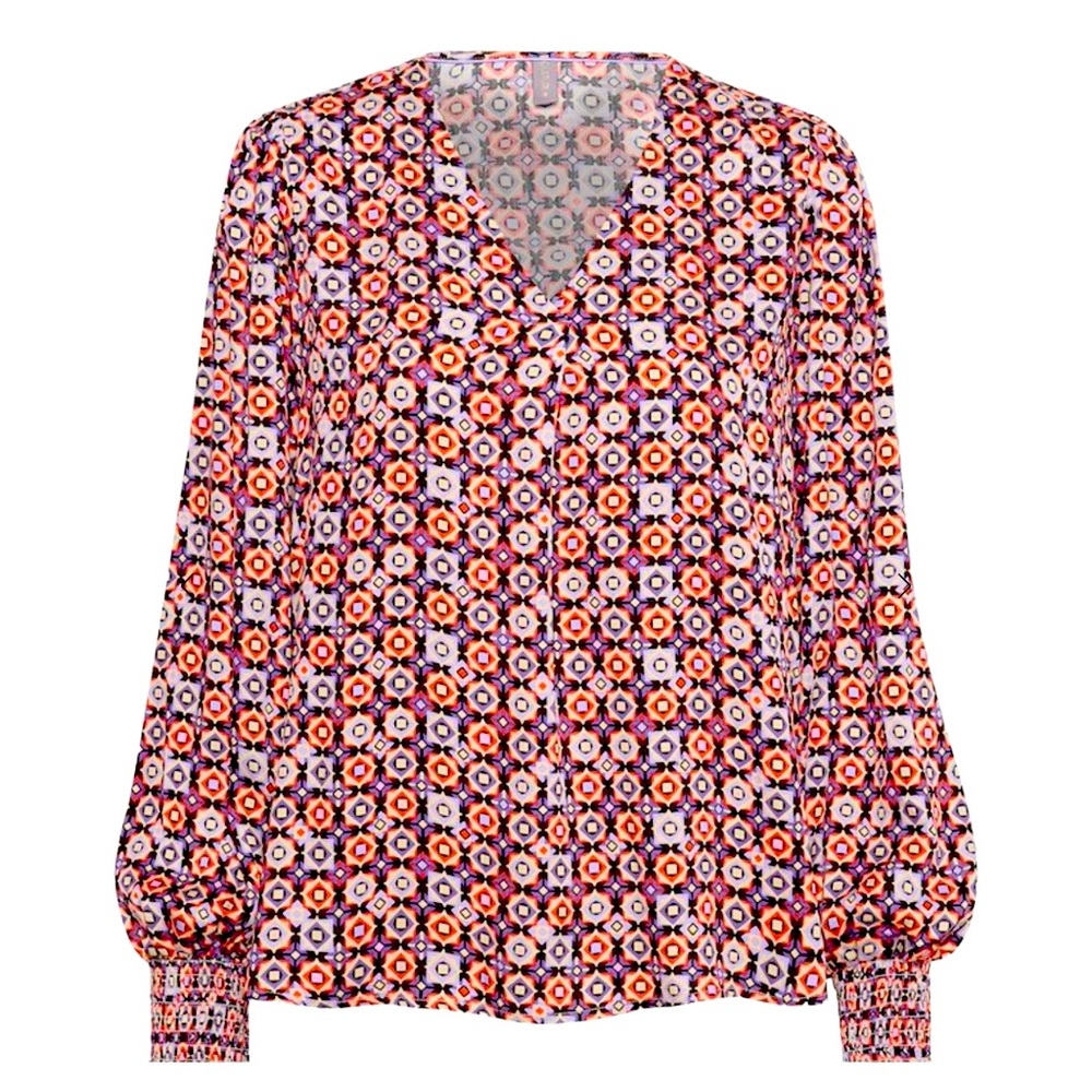 Patterned Long-Sleeve V-Neck Blouse in Pink and Orange